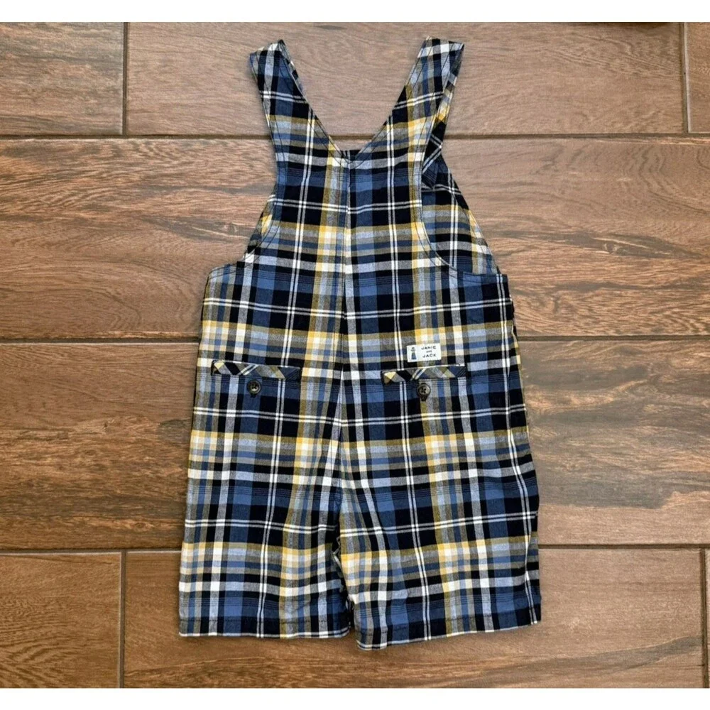 Janie Jack Baby Boy 6M-12M Plaid Overalls Blue Yellow Shortall 100% Cotton